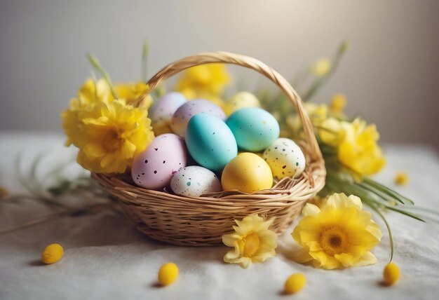 Ovos de Páscoa coloridos aninhados numa cesta com flores amarelas sobre um fundo branco