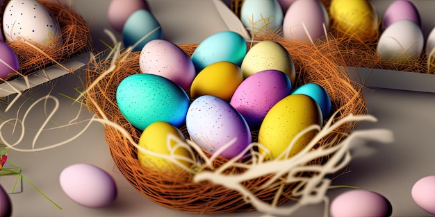 Ovos de Páscoa coloridos Bandeira de Páscoa ovos pintados coloridos Ovos de Páscoa em uma cesta Conceito mínimo Fundo de Páscoa