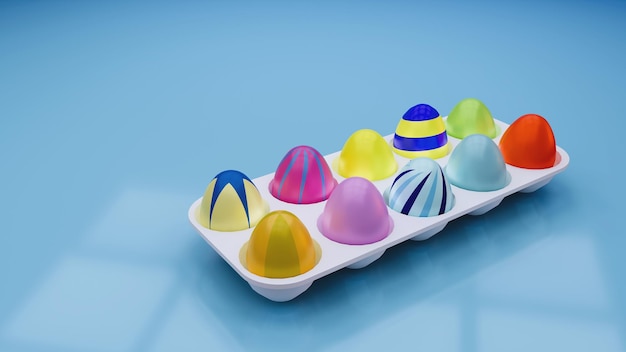 Ovos de Páscoa coloridos colocados em uma bandeja de ovos na ilustração 3D de fundo azul