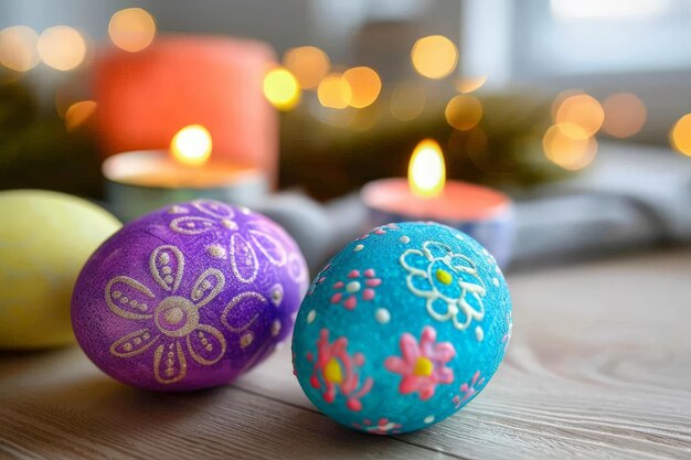Ovos de Páscoa coloridos com brilhantes velas no fundo celebrando a Páscoa Ortodoxa