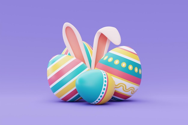 Ovos de páscoa coloridos com orelhas de coelho no fundo roxofeliz conceito de férias de páscoa estilo mínimo renderização em 3dxA