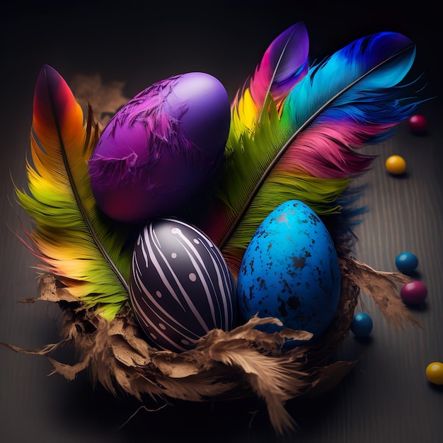 Ovos de páscoa coloridos com penas de pássaros no ninho Conceito de Feliz Páscoa