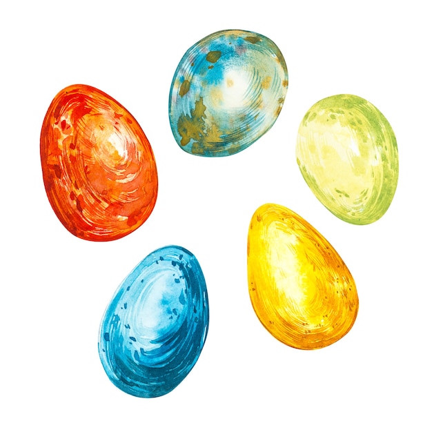 Ovos de Páscoa coloridos. Conjunto de Páscoa. Ilustração em aquarela sobre fundo branco.