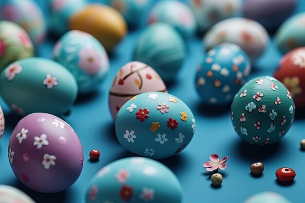 Ovos de Páscoa coloridos dispostos em um fundo azul Generative AI