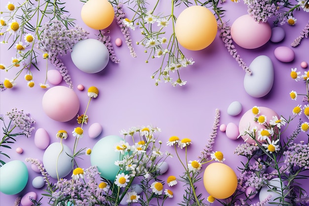 Ovos de Páscoa coloridos e flores em fundo roxo vista de cima