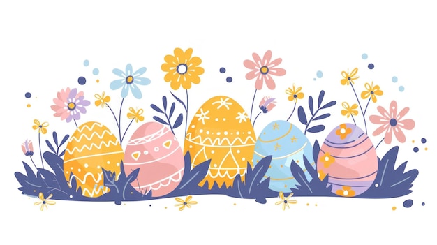 Ovos de Páscoa coloridos e flores na grama em fundo branco ilustração para o conceito de celebração de férias