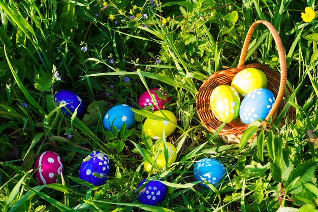 ovos de Páscoa coloridos e folhas