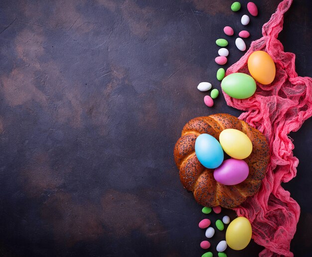 Ovos de Páscoa coloridos e pão de vime