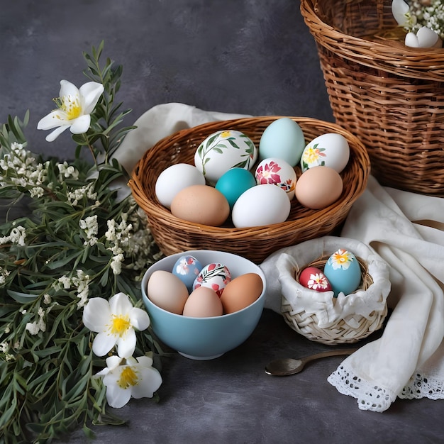 Ovos de Páscoa coloridos em um cesto de vime com flores de primavera