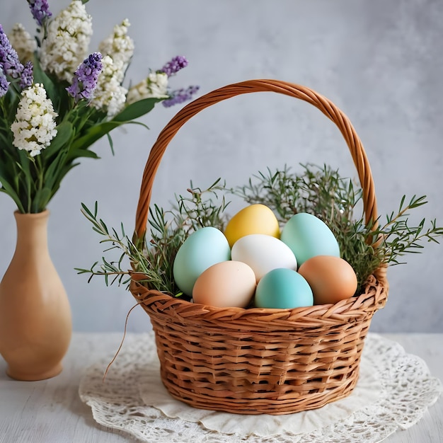 Ovos de Páscoa coloridos em um cesto de vime com flores de primavera