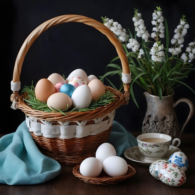 Ovos de Páscoa coloridos em um cesto de vime com flores de primavera