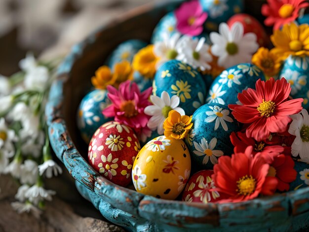 Ovos de Páscoa coloridos em um cesto de vime sobre um fundo de madeira