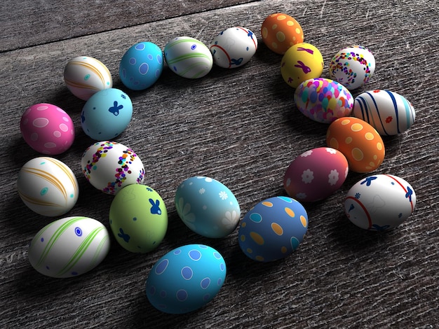 Ovos de páscoa coloridos em um fundo de madeira renderização 3D Copiar espaço