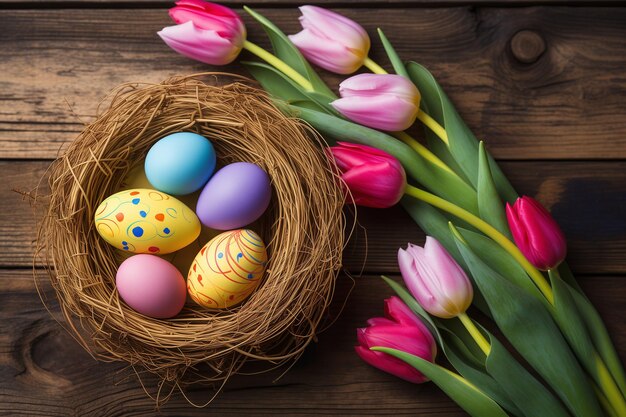 Foto ovos de páscoa coloridos em um ninho cercado por belas tulipas