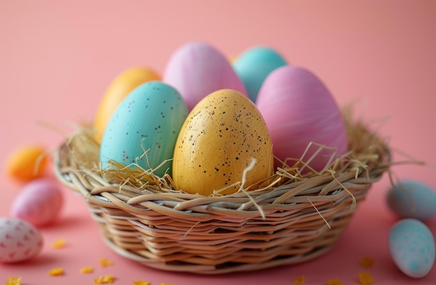 ovos de páscoa coloridos em uma cesta em fundo rosa