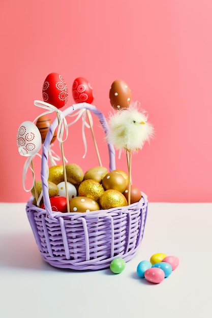 Ovos de páscoa coloridos em uma cesta fundo rosa Conceito mínimo Cartão com espaço de cópia para texto Decoração de páscoa pintinho coelho