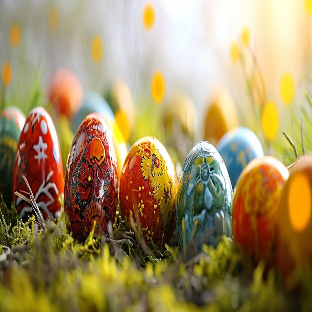 Ovos de Páscoa coloridos na grama perfeitos para desenhos de férias