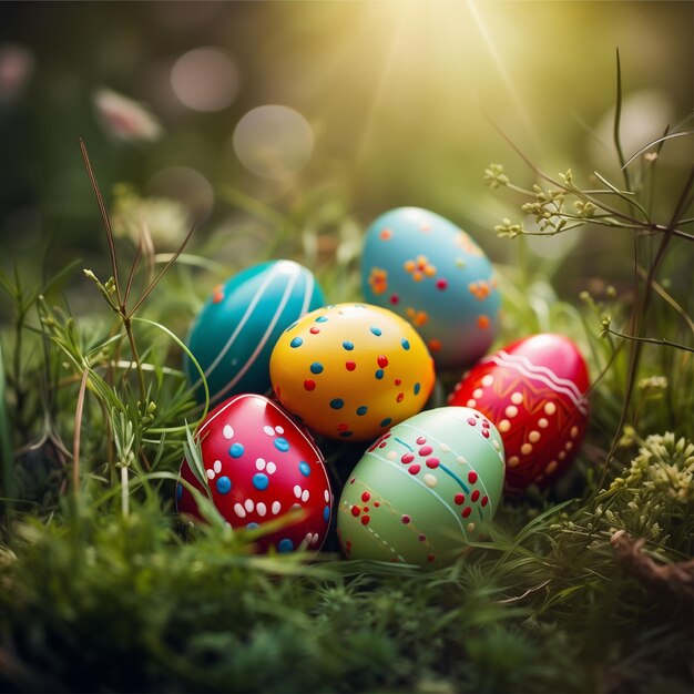 Ovos de Páscoa coloridos na grama verde