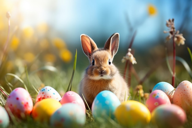 Ovos de Páscoa coloridos no campo de grama com coelho e fundo de Páscua feliz