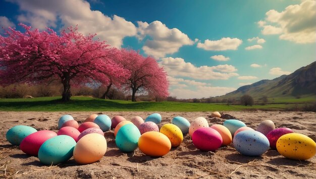 Foto ovos de páscoa coloridos no chão com árvores ao fundo