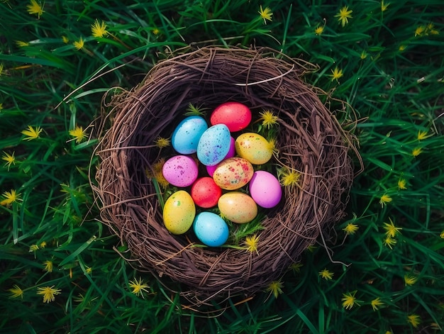Ovos de páscoa coloridos no ninho do pássaro nas gramíneas Ideia de feliz dia de páscoa