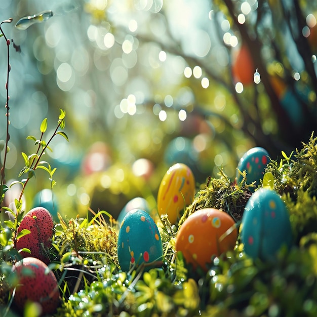 Ovos de Páscoa coloridos num campo de flores e raios de sol