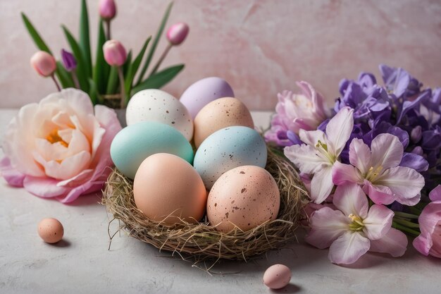 Ovos de Páscoa coloridos num ninho com flores