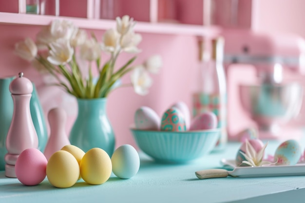 Foto ovos de páscoa coloridos numa cozinha rústica