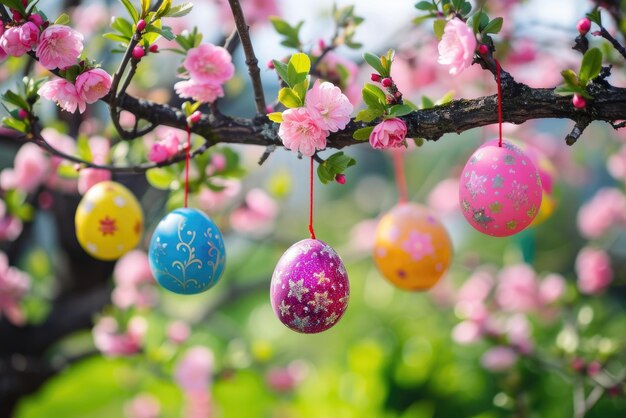 Ovos de Páscoa coloridos pendurados em galhos de árvores em flor ao ar livre no jardim