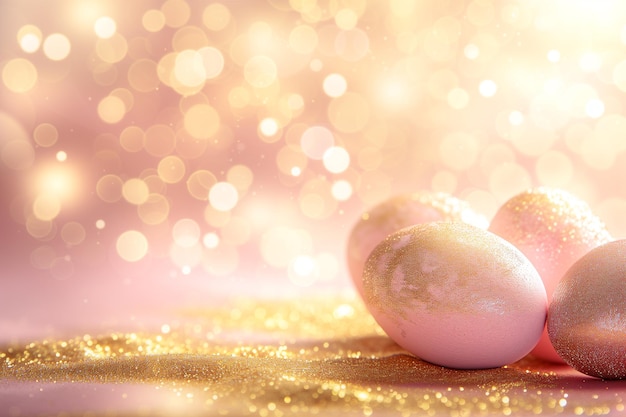 Ovos de Páscoa com desenho rosa pastel e dourado em fundo brilhante