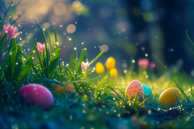 Ovos de Páscoa com flores de primavera e gotas de orvalho na grama verde Parabéns de Páscua de fundo