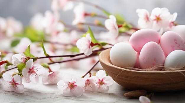 Ovos de Páscoa com galho de cereja em flor na mesa Feliz Páscoa