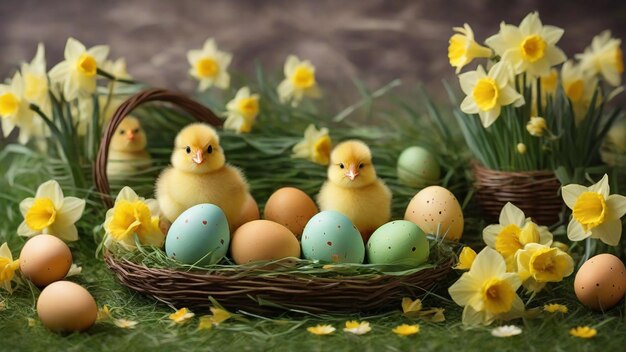 Ovos de Páscoa com narcisos amarelos e galinhas bonitas na relva.