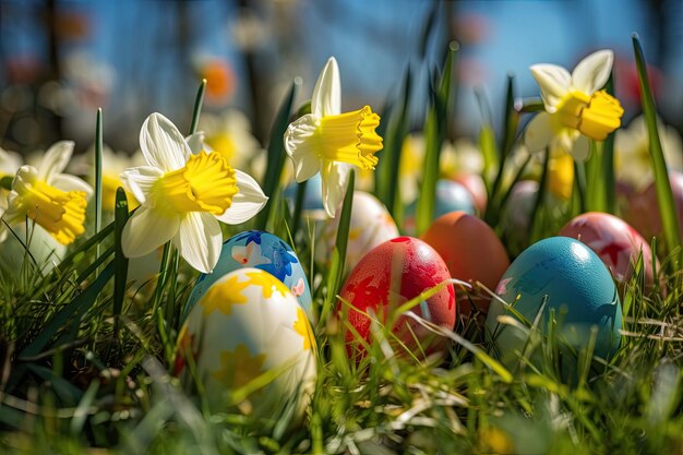 Ovos de Páscoa com narcisos e escondidos na grama