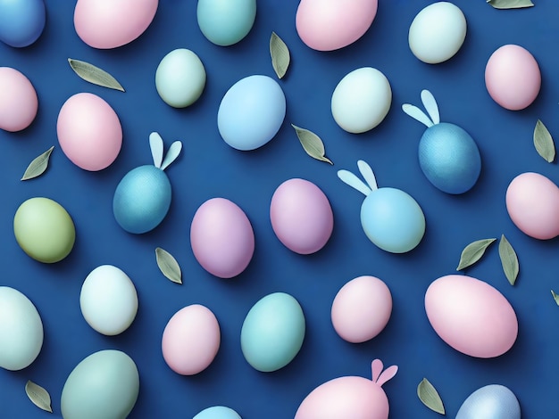 Ovos de Páscoa com orelhas de coelho em um fundo azul.