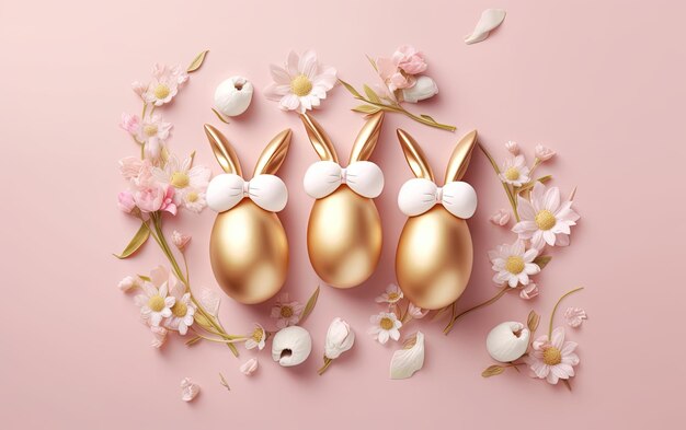 Ovos de Páscoa com orelhas de coelho em um fundo rosa com vista superior de flores de primavera