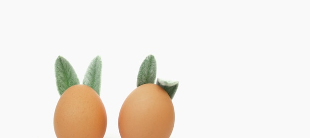 Ovos de Páscoa com orelhas em close-up em um fundo branco conceito de Páscoa