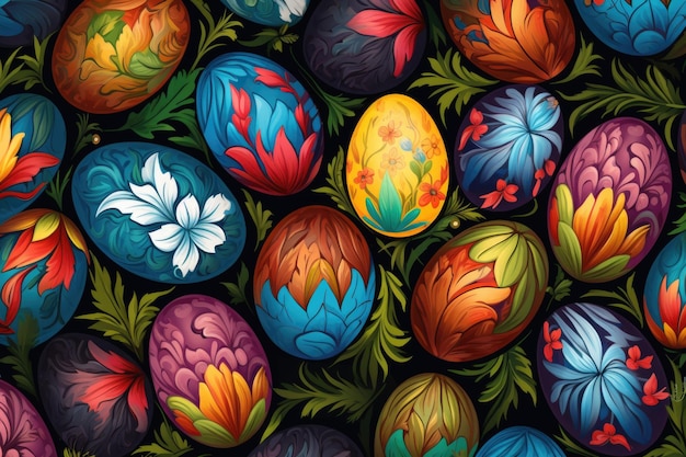 Ovos de Páscoa com padrões multicoloridos em fundo preto