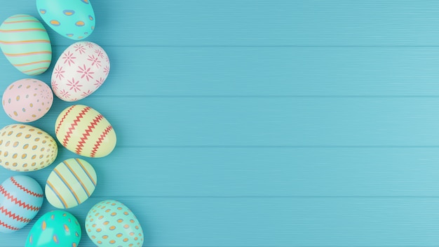 Ovos de Páscoa com pintura colorida sobre fundo verde suave de madeira