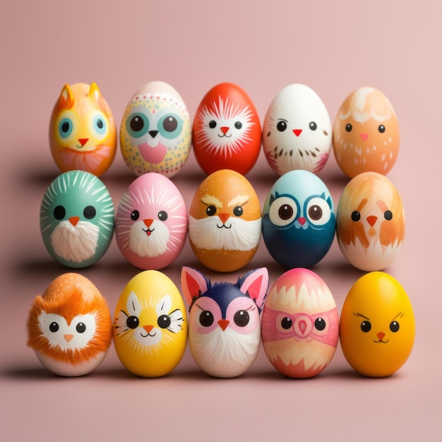 Ovos de Páscoa com rostos de animais pinturas festivas em estúdio com expressões fofas