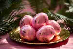 Foto ovos de páscoa cor-de-rosa em um prato rosa