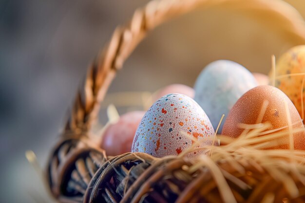 ovos de Páscoa criativos pintados à mão em cores pastel em cesta de vime em close-up cartão de Páscua