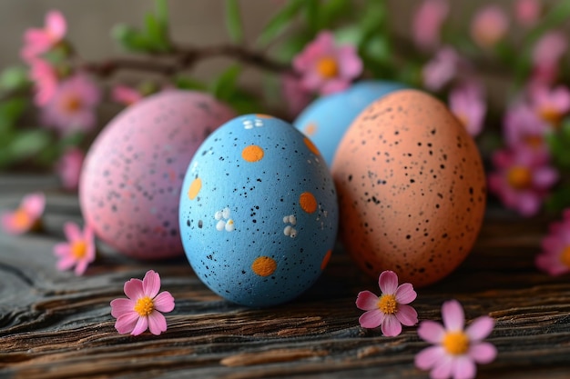 Ovos de Páscoa de cores brilhantes adornados com flores