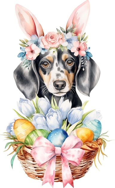 Ovos de Páscoa de dachshund em cesta ilustração a aquarela