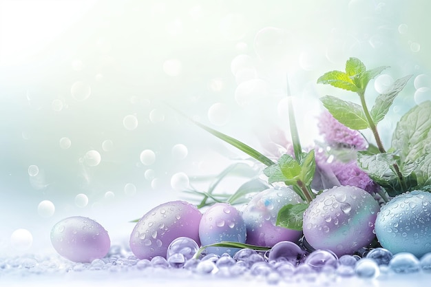 Ovos de Páscoa de lavanda folhas verdes e gotas de água contra um fundo pastel claro espaço vazio