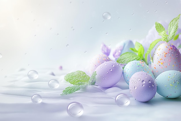 Ovos de Páscoa de lavanda folhas verdes e gotas de água contra um fundo pastel claro espaço vazio