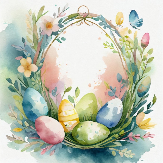 Ovos de Páscoa de Primavera e flores Quadro de férias Ilustração de cartão de saudação Espaço de cópia