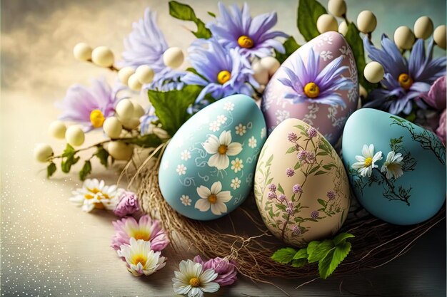 Ovos de páscoa decorados altamente detalhados em ninho de pássaros feito de paus Ovos de galinha com flores pintadas e folhas no fundo de flores abstratas Arte digital 3d render ilustração