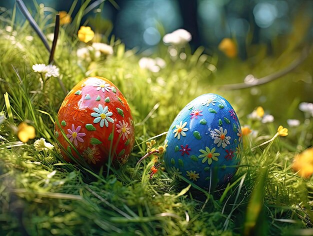 Ovos de Páscoa decorados com flores na grama