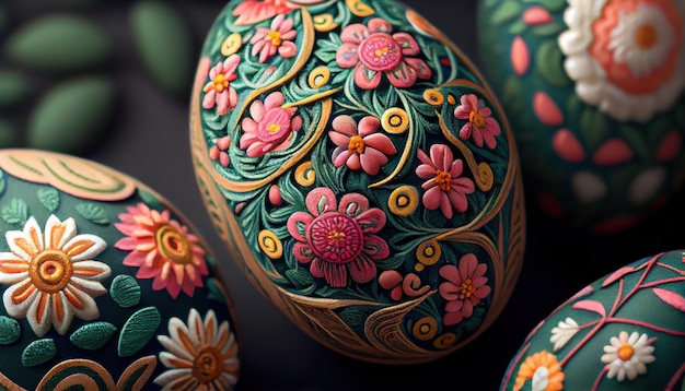 Ovos de páscoa decorados com padrões de flores folclóricas feliz conceito de páscoa ia generativa